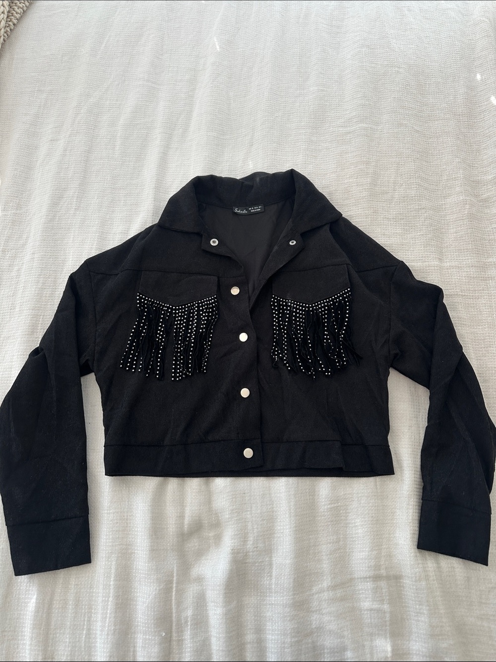Black Studded Fringe Cropped Corduroy Jacket